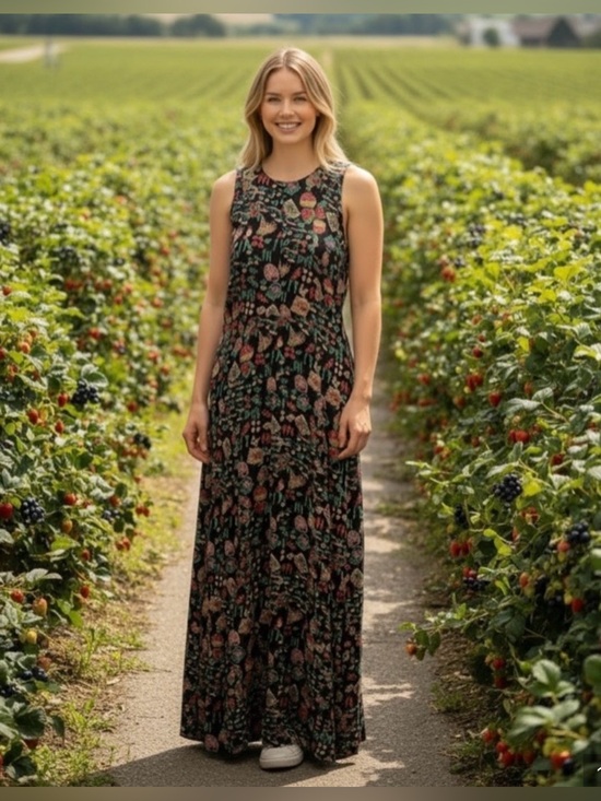 E D Michaels Dresses & Skirts - Vtg 90s Farmer’s Market Maxi Dress Vegetables Berries Fruits Navy Novelty 12